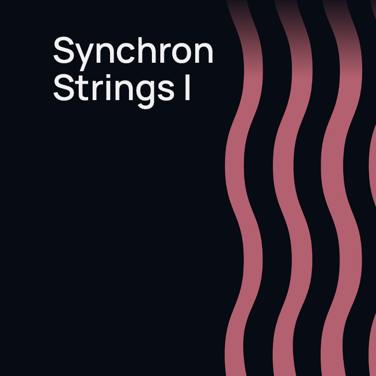 Synchron Strings I title on a dark background with pink wavy lines.