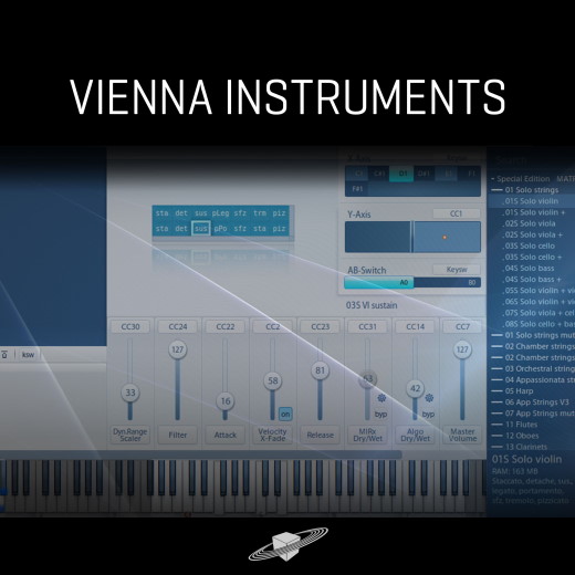 Vienna Instruments software interface with piano keyboard, sliders, and controls, indicating an eLicenser ONLY product.