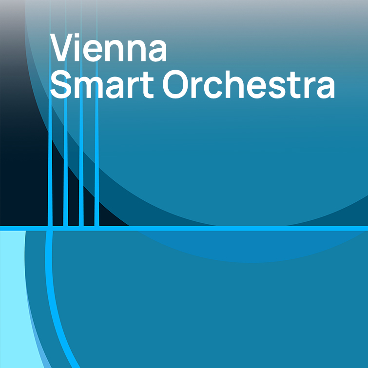 Abstract graphic with Vienna Smart Orchestra text on a blue background, featuring curved shapes and vertical lines.