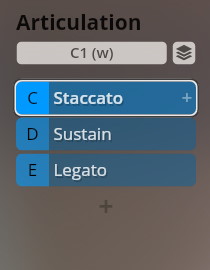 Screenshot of music software interface showing articulation options for C1 (w): Staccato, Sustain, and Legato.
