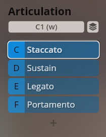 Epic Orchestra 2.0 articulation menu showing Staccato, Sustain, Legato, and Portamento options for musical instrument sounds.