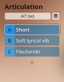 Digital interface showing Articulation menu with A7 (w) selected and options A Short, B Soft lyrical vib, and C Flautando for music software.