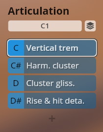 Vienna Symphonic Library Epic Orchestra 2.0 Articulation menu showing C1, Vertical Trem, Harmonic Cluster, Cluster Glissando, and Rise & Hit Deta options for musical instrument control.