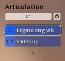 Epic Orchestra 2.0 digital interface showing articulation options: C1, C Legato strg vib, and C# Slides up.