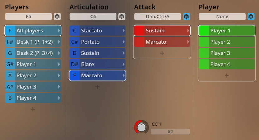 Vienna Symphonic Library Epic Orchestra 2.0 interface showing player selection, articulation types like staccato and marcato, attack options including sustain, and individual player assignments, with CC1 controller setting.