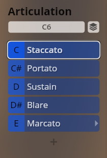A software interface showing musical articulations like Staccato, Portato, Sustain, Blare, and Marcato, relevant to Vienna Symphonic Library Synchron Instruments.