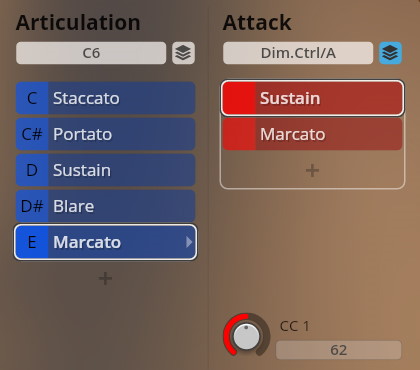 Vienna Symphonic Library Synchron Instruments interface showing Articulation (Staccato, Portato, Sustain, Blare, Marcato) and Attack (Sustain, Marcato) settings for Epic Orchestra 2.0.