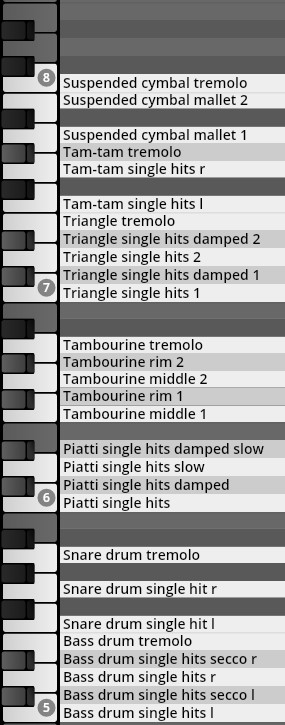 Screenshot of the Vienna Symphonic Library Epic Orchestra 2.0 interface showing a list of percussion articulation patches like suspended cymbal, tam-tam, triangle, tambourine, piatti, snare drum, and bass drum, mapped to a virtual keyboard.