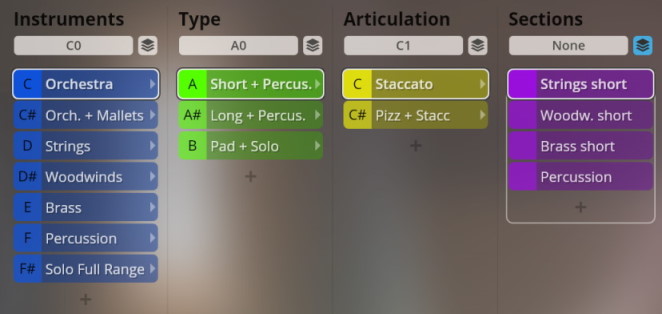 User interface demonstrating sound library selection with options for instruments, type, articulation, and sections, for Vienna Smart Orchestra.