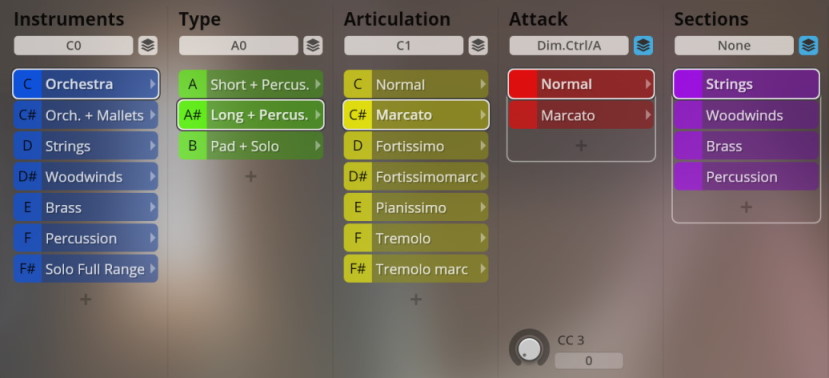 Vienna Smart Orchestra software interface displaying instrument, type, articulation, attack, and section selection options.