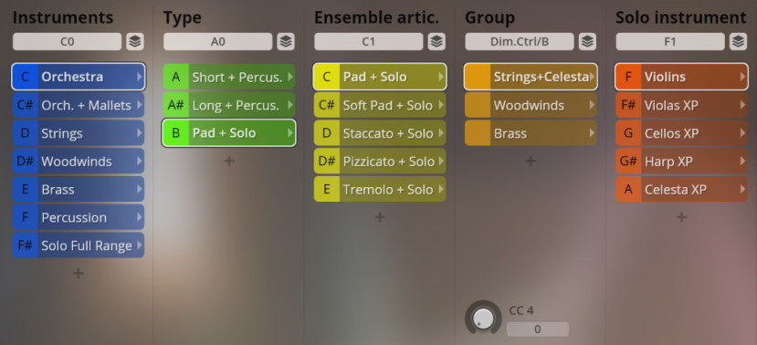 Vienna Smart Orchestra virtual instrument user interface showing categories for Instruments, Type, Ensemble artics, Group, and Solo Instrument selection.