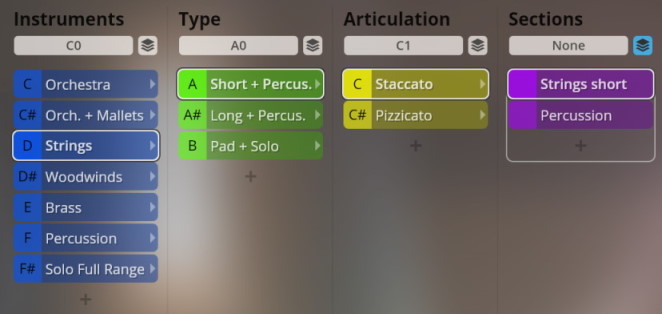 Vienna Smart Orchestra plugin interface showing instrument, type, articulation, and section selection options including strings, percussion, staccato, and pizzicato.