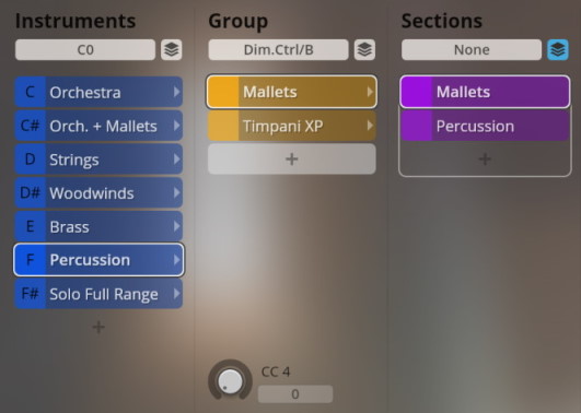 Smart Orchestra user interface showing instrument selection, specifically Percussion, Mallets, and Timpani XP options for Vienna Symphonic Library software.