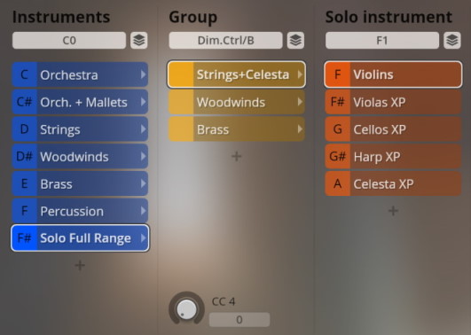Vienna Smart Orchestra interface showing instrument selection options for orchestra, strings+celesta, and solo violins.