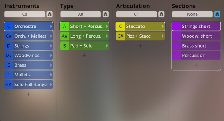 Vienna Smart Orchestra interface with instrument selection options including Orchestra, Strings, Woodwinds, Brass, Mallets, Solo Full Range, sound types like Short+Percus, Long+Percus, Pad+Solo, articulations such as Staccato, Pizz+Stacc, and sections like Strings short, Woodw. short, Brass short, and Percussion.