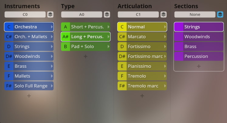 User interface showing Vienna Smart Orchestra instrument, type, articulation, and section selection options for music production, with Orchestra, Long + Percus, Normal, and Strings highlighted.