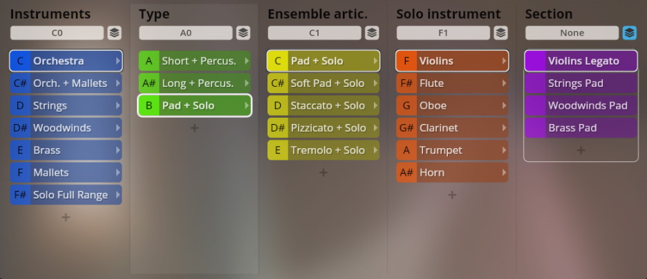 Vienna Smart Orchestra interface showing instrument, type, ensemble articulation, solo instrument, and section selection controls.