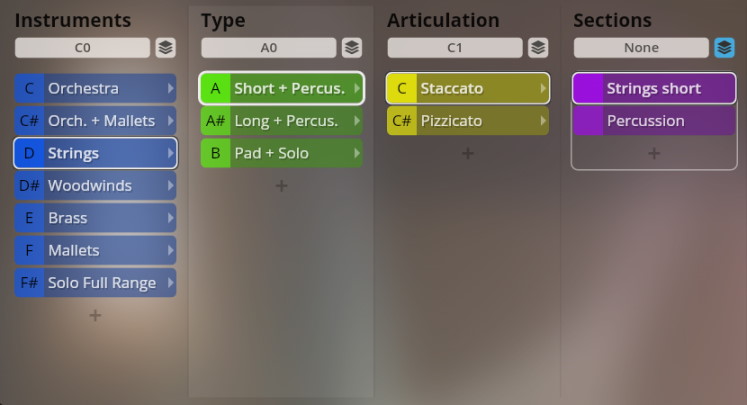 Vienna Smart Orchestra interface showing instrument, type, articulation, and section selection options.