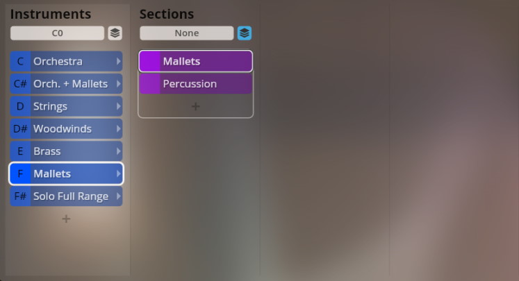 Digital audio interface showing Vienna Symphonic Library instrument and section selections for orchestra, mallets, percussion, strings, woodwinds, and brass.
