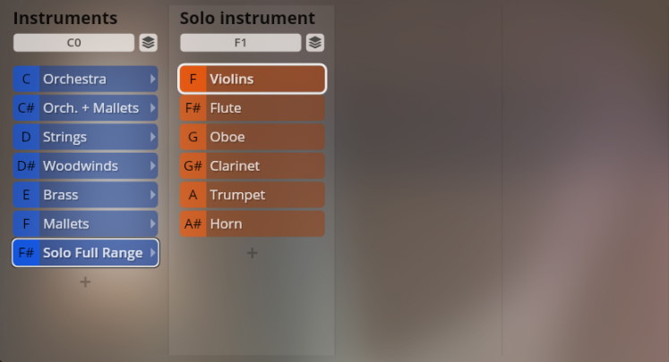 Screenshot of the Vienna Smart Orchestra user interface showing instrument selection options for orchestra sections like strings and brass, and solo instruments such as violins and flute.