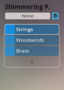 Software interface showing instrument selection options for an orchestra, with Strings, Woodwinds, and Brass highlighted.