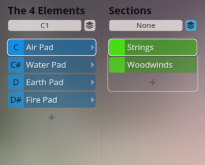 Vienna Smart Orchestra interface showing The 4 Elements and Sections instrument selection menus with Air Pad, Water Pad, Earth Pad, Fire Pad, Strings, and Woodwinds options.