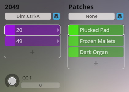 Software interface for Synchron Smart Orchestra showing patch selection with Plucked Pad, Frozen Mallets, and Dark Organ selected, alongside control assignments.