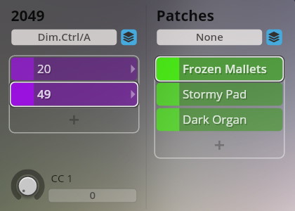 Synchron Smart Orchestra user interface showing controls for patches like Frozen Mallets, Stormy Pad, and Dark Organ, with numerical settings and a CC1 knob.