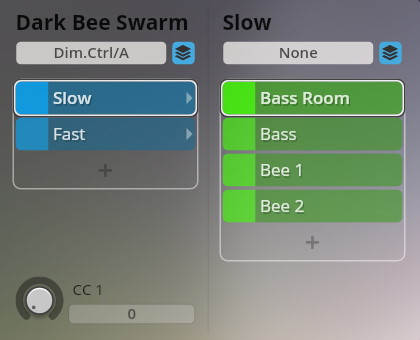 Screenshot of the Synchron Smart Orchestra software interface showing Dark Bee Swarm and Slow sound control parameters, including Bass Room, Bass, Bee 1, and Bee 2 options.