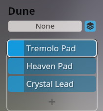 Software interface showing sound preset options Tremolo Pad Heaven Pad and Crystal Lead under Dune for Synchron Smart Orchestra.