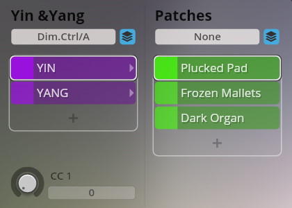 Synchron Smart Orchestra software interface showing Yin & Yang controls and sound patches like Plucked Pad, Frozen Mallets, and Dark Organ, for VST audio production.