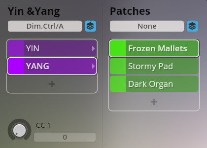 Interface for Synchron Smart Orchestra showing Yin & Yang settings, Dim.Ctrl/A, and Patch selections including Frozen Mallets, Stormy Pad, and Dark Organ.