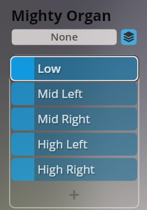 User interface showing multiple microphone position options including Low, Mid Left, Mid Right, High Left, and High Right for a Mighty Organ sound within the Synchron Smart Orchestra.
