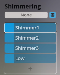 Synchron Smart Orchestra shimmering effect options with Shimmer1, Shimmer2, Shimmer3, and Low selections for audio processing.