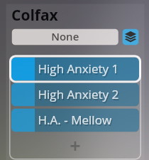 Colfax preset menu showing High Anxiety 1, High Anxiety 2, and H.A. - Mellow options for Synchron Smart Orchestra.