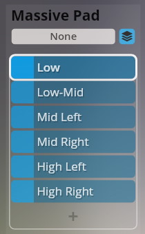 Massive Pad sound setting menu for Synchron Smart Orchestra software, showing options like Low, Low-Mid, Mid Left, Mid Right, High Left, High Right.