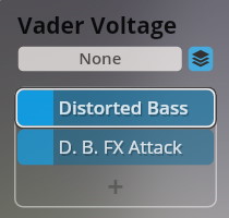 User interface showing sound preset options: None, Distorted Bass, and D. B. FX Attack under Vader Voltage for the Vienna Synchron Smart Orchestra.