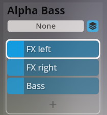Alpha Bass effect settings interface showing expandable options like None, FX left, FX right, and Bass, for Vienna Symphonic Library's Synchron Smart Orchestra.