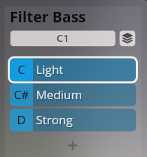 User interface showing Filter Bass with options C1, Light, Medium, and Strong, illustrating controls for the Synchron Smart Orchestra.