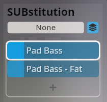 User interface showing musical instrument sound options Pad Bass and Pad Bass Fat for Synchron Smart Orchestra.