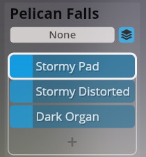 User interface showing Pelican Falls sound presets: None, selected Stormy Pad, Stormy Distorted, and Dark Organ, for the Synchron Smart Orchestra software.