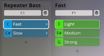 Synchron Smart Orchestra Repeater Bass and Fast setting options, displaying control parameters for C Fast, C# Slow, F Light, F# Medium, and G Strong in the Vienna Symphonic Library interface.