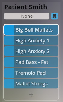 Software interface showing a list of selectable instrument sounds including Big Bell Mallets, High Anxiety 1, High Anxiety 2, Pad Bass - Fat, Tremolo Pad, and Mallet Strings, for the Synchron Smart Orchestra virtual instrument.
