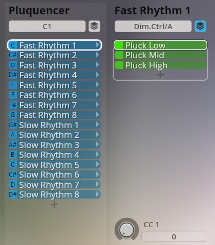 A screenshot of the Pluquencer software interface, showing a list of rhythm and tempo options, including Fast Rhythm 1 to 8 and Slow Rhythm 1 to 8, alongside pluck sound controls for Low, Mid, and High, demonstrating the synchron smart orchestra features.