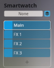 Smartwatch device connection settings in Synchron Smart Orchestra software, showing Main, FX 1, FX 2, and FX 3 options.