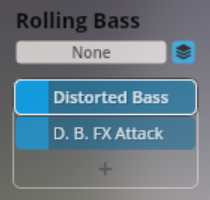 User interface showing sound effect options for Rolling Bass, including None, Distorted Bass, and D. B. FX Attack, relevant to Synchron Smart Orchestra.