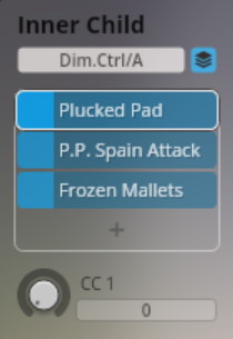 Digital interface showing Inner Child sound settings for Synchron Smart Orchestra with Plucked Pad, P.P. Spain Attack, and Frozen Mallets sound options.