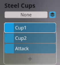 User interface showing Steel Cups instrument selection options, including None, Cup1, Cup2, and Attack, for the Synchron Smart Orchestra.