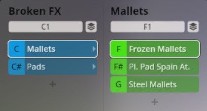 User interface showing sound categories Broken FX and Mallets with selectable options like Mallets, Pads, Frozen Mallets, and Steel Mallets for the Synchron Smart Orchestra.