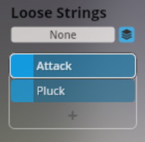 Synchron Smart Orchestra Loose Strings menu showing None, Attack, and Pluck options for VSL string instrument sound adjustments.